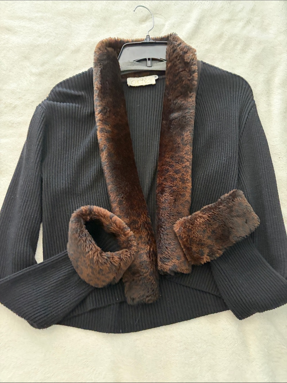 Cache Black Ribbed Cardigan with Brown Faux Fur Trim